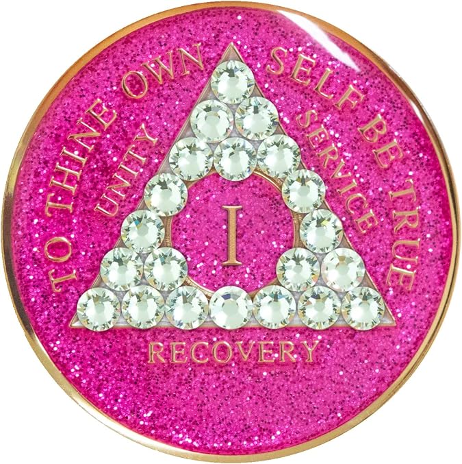 Recovery Mint 1 Year Crystallized Diamond Pink Glitter Tri-Plate Alcoholics Anonymous Medallion- AA Sobriety Chip
