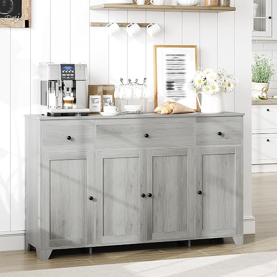 GarveeHome 55 in Sideboard Buffet Cabinet with Storage, Minimalist Kitchen Storage Cabinet with 3 Drawers & 4 Doors, Buffet Console Table Coffee Bar with Adjustable Shelf for Dining Living Room- Grey