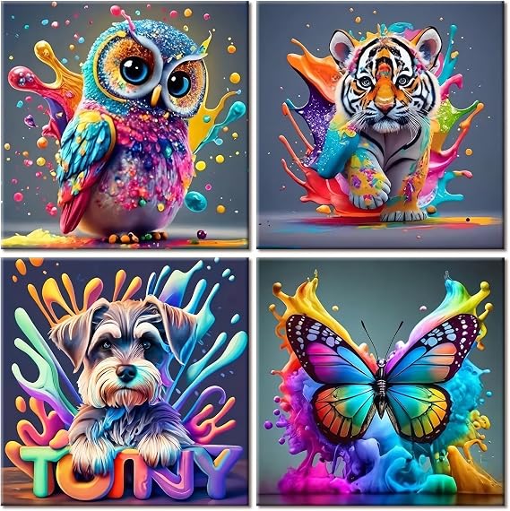 4 Pack Diamond Art Kits for Kids, Diamond Painting Animal, Crafts for Kids Girls and Boys 6 7 8 9 12, Diamond Crystal Art Mosaic kits Improve Children'S Hands on Ability for Home Wall Decor (6x6 Inch)