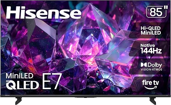 Hisense 85" E7 Cinema Series Hi-QLED Mini-LED 4K UHD Smart Fire TV (85E7SF, 2026 NEW) - Native 144Hz, AI Picture, Dolby Vision IQ Atmos, FALD, HDR10+ Adaptive, MEMC, Alexa+