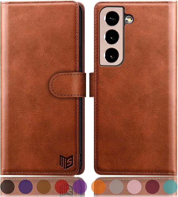 SUANPOT for Galaxy S22+ 5G RFID Leather Wallet Case, Credit Card Holder, Flip Folio, Shockproof Cover - Light Brown