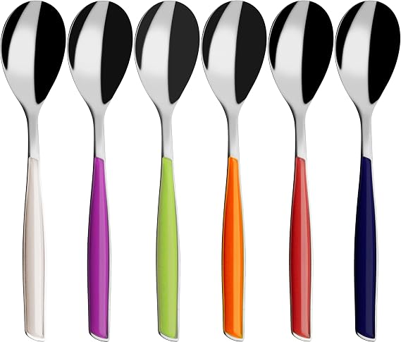 BUGATTI, Glamour, Set of 6 18/10 Stainless Steel Teaspoons and Handles Mixed Colours: Ivory, Blue, Iris, Green, Orange, Red, Moulding Pro-Tech System