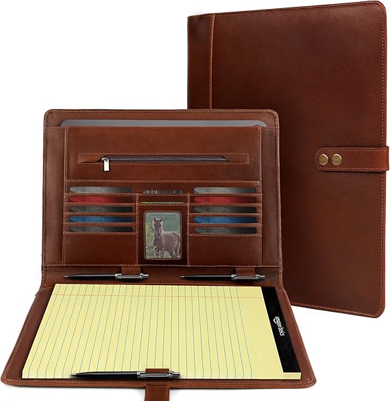 ELIZO Leather Portfolio Padfolio Leather Binder Folder for Men and Women Professional Business Portfolio Organizer Men and Women Antique Letter Strap