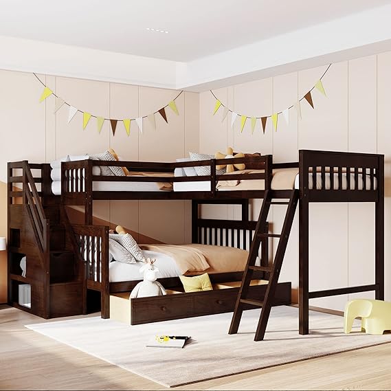 L Shaped Bunk Bed for 3, Triple Bunk Bed with 3 Drawers and Storage Stairs, Twin Over Full Bunk Bed & Twin Size Loft Bed, Wood Corner Beds for Kids, Teens, Adults. No Box Spring Needed(Espresso)