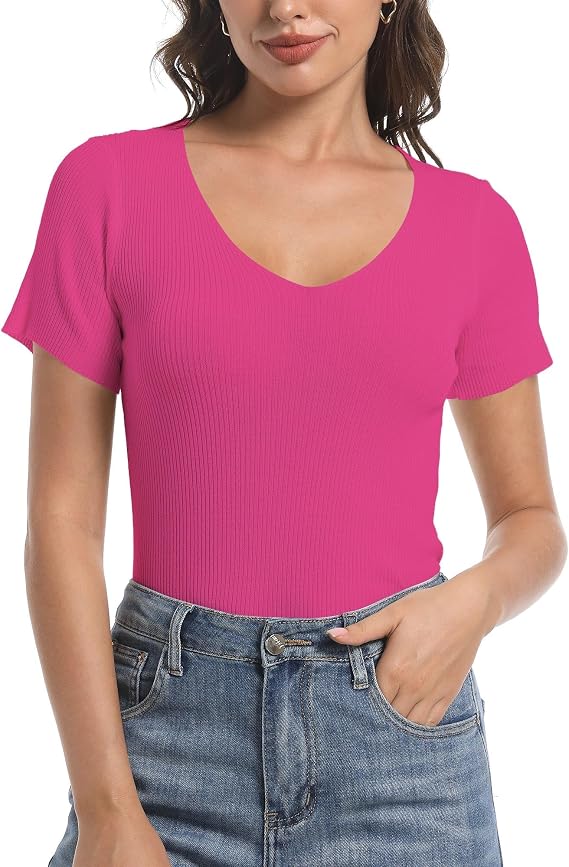 Womens T-Shirt V Neckline Short Sleeve Summer Tees Trendy Ribbed Knit Solid Color Basic Tops Peach Pink