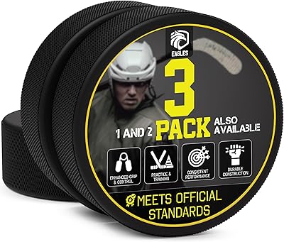 EAGLES Ice Hockey Pucks 1, 2, 3, 6 or 50 Pack | High Grade Pucks Official Regulation Weight & Size for Practice & Classic Training - 6 oz Diameter 3 Thickness 1 Black Hockey Puck Roller Hockey