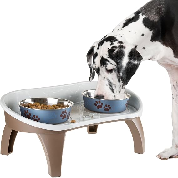 Elevated Pet Feeding Tray - 21 x 11 x 8.5 Raised Dog Bowl Stand with Splash Guard and Non-Skid Feet - Comfortable Mealtime for Dogs and Cats by PETMAKER (Brown/Gray)