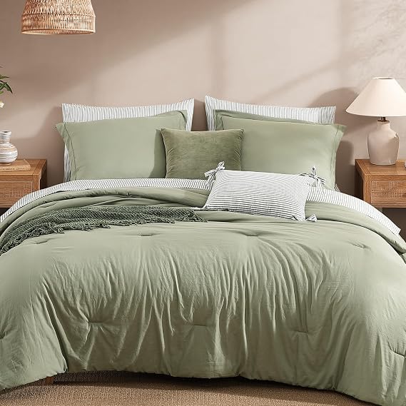 Monbix King Size Comforter Set - 7 Pieces Green Prewashed Bed in a Bag King Bedding Sets with Comforters, All Seasons Ultra Soft Comforter Bed Set with Sheets,Pillowcases & Shams