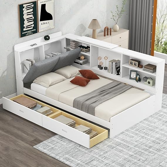 Harper & Bright Designs Wood Twin Size Daybed Platform Bed with Bookcase Storage Headboard, Shelves and 2 Drawers, Sofa Bed Frame with Slats Support, No Box Spring Needed, White