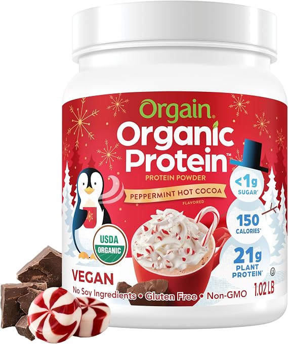 Orgain Organic Vegan 21g Protein Powder, Peppermint Hot Cocoa, 1.02 lb | Plant based protein, holiday flavor, 5g prebiotic fiber, no added sugar or lactose, non-GMO, for shakes & smoothies