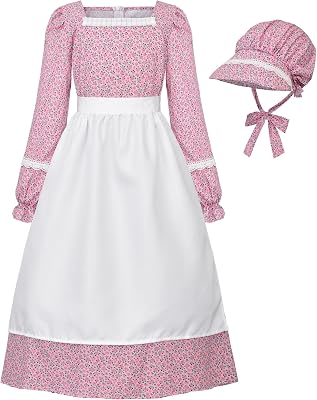 JerrisApparel Girls Colonial Costume Floral Prairie Pioneer Dresses with Bonnet and Apron Set