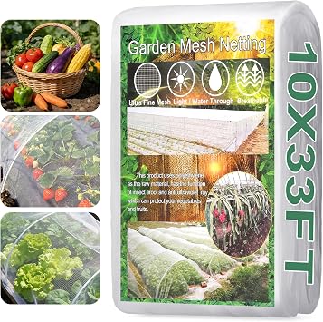 Garden Netting Pest Barrier 10X33FT Ultra Fine Garden Neting Plant Cover Garden Mesh Barrier Garden Netting for Raised Beds Insect Netting Mesh Cover Protection for Vegetable Flower Fruits Greenhouse