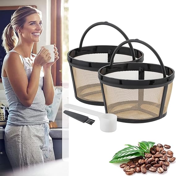2Pcs Reusable Coffee Filters, 4 Cup Stainless Steel Coffee Filter Basket with Brush and Scoop, Reusable Coffee Pot Filters Compatible with Makers and Brewers, 4 Cup Coffee Maker Filter