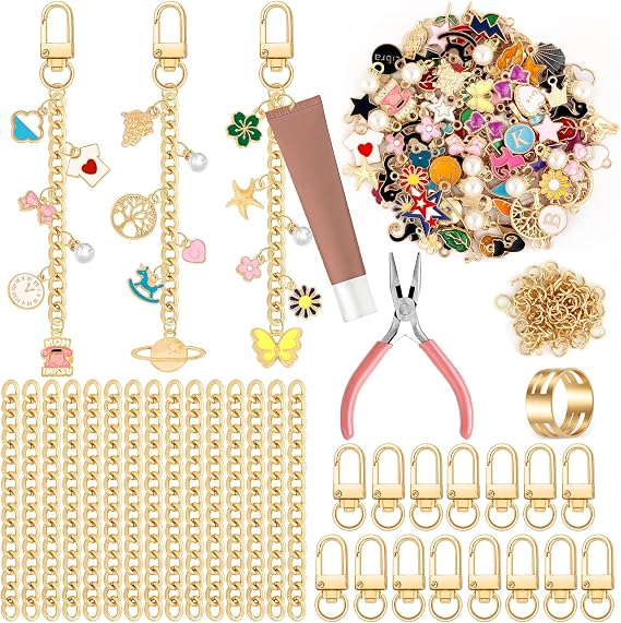 212Pcs Lip Gloss Keychain Making Kit Keychain Bag Charm Kit Lipgloss Charms DIY Jewelry Keychian Making Supplies Key Chain Maker Bulk 80 Charms 15 Keychain Clip 15 Extender Jewelry Chain DIY Crafts