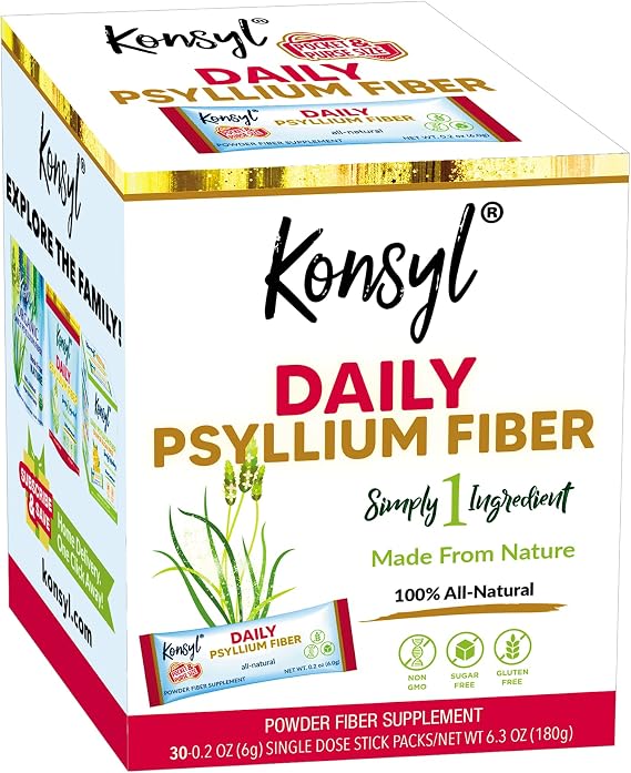 Konsyl Daily Psyllium Fiber Powder - 5g Sticks, 30 Pack - Natural Unflavored Soluble Dietary Fiber Supplement - Psyllium Husk Prebiotic for Digestive Support and Gut Health - Sugar Free, Keto & Vegan