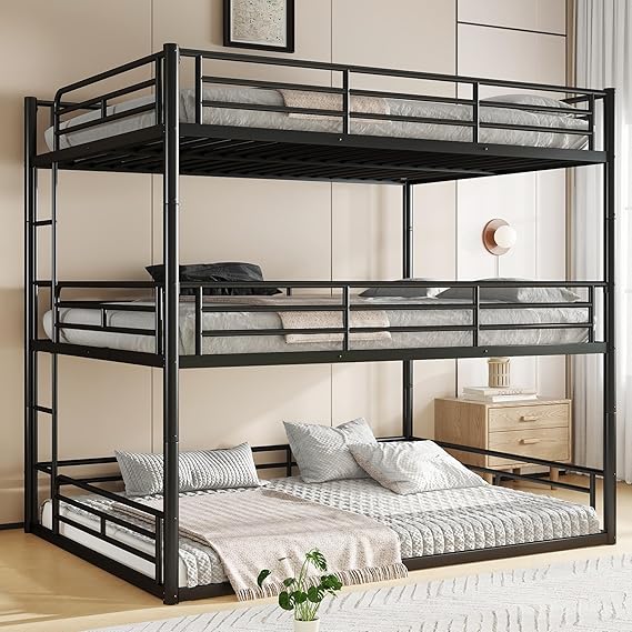 Bellemave Metal Triple Bunk Beds with Full-Length Guardrails, Queen Over Queen Over Queen Bunk Bed for 3, Noise-Reduced, Metal Black