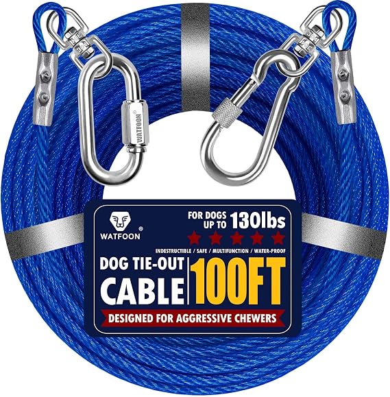 Dog Leads for Yard, 100ft Tie Out Runner Steel Wire Cable, Heavy Duty Pet Tether Chains for Dogs Up to 130 Lbs, Outside, Camping, Park (100ft-Blue)