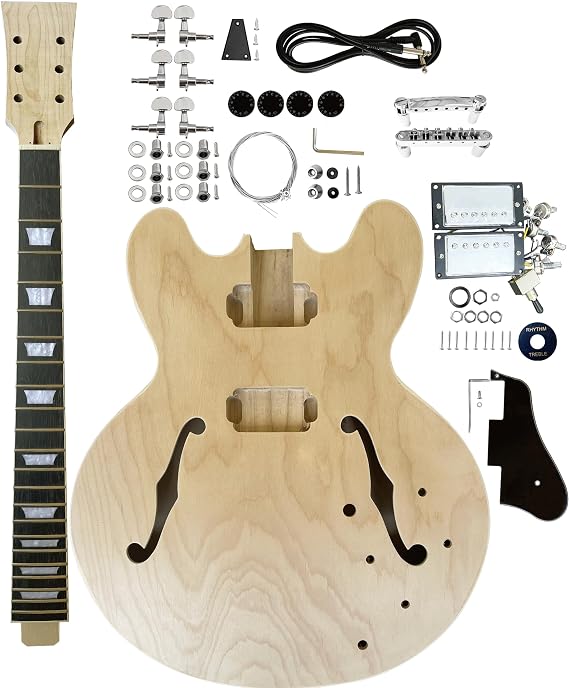 DIY Electric Guitar Kits 3 ply Wood Maple Cap Hollow Guitar Body Blank,Maple Neck & Rosewood Fingerboard Unfinished With Electric Hardwares All Components Included