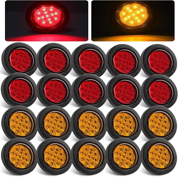 2.5" Round LED Trailer Marker Lights 13 LEDs w/Reflectors 10 Amber + 10 Red