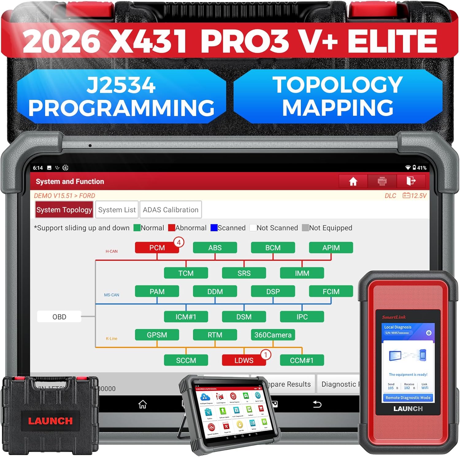 LAUNCH X431 PRO3 V Elite, 2025 SmartlinkC 2.0 Bidirectional Scan Tool with J2534, HD Trucks Scan, 10.1 inch, Topology Map, 60Service, Online Coding Scanner, CANFDDoIPD-PDU, FCA, 2 Yrs Update