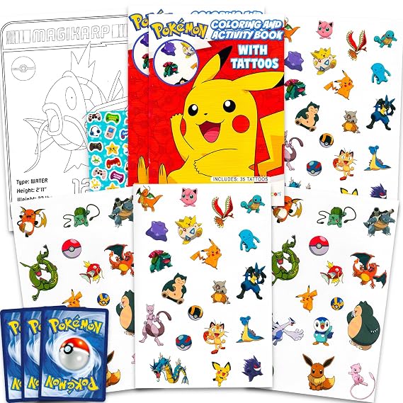 70+ Pokemon Temporary Tattoos for Kids Coloring Book Party Favors Bundle