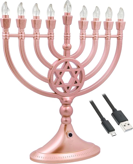 The Dreidel Company Traditional LED Electric Rose Gold Hanukkah Menorah - Battery or USB Powered - Includes a Micro USB 4' Charging Cable