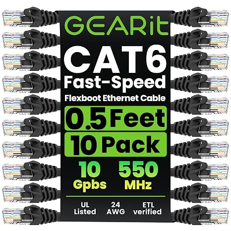 GEARit Cat6 Snagless Ethernet Patch Cable 10Gbps 10-Pack 0.5 Feet Black