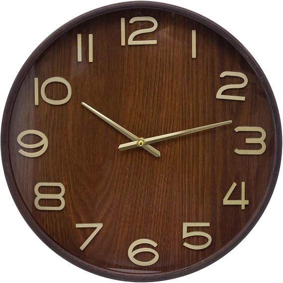 Carousel Home Dark Wood Wall Clock | Round Wooden Clock with Gold Hands for Kitchen, Living Room, Office & Rustic Decor - 38cm