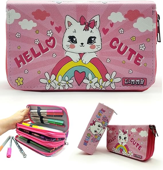 Limmy Pencil Case Kitty Cat Pattern Organizer Pencil Case Vegan Leather Three Compartment Pen Holder