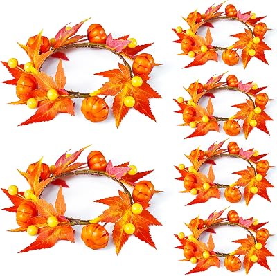 6Pcs Fall Candle Rings Wreaths, Artificial Pumpkin Maple Leaf Candle Ring with Berries for Pillars, Autumn Thanksgiving Halloween Wedding Party Table Decor, 3.1 ID  7 OD