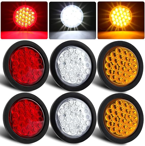 6Pcs 4" Inch Round Led Trailer Lights Kit 24 LED, 4" Round Led Stop Turn Tail Brake Reverse Backup Strobe Flaher Lights w/Surface Mount
