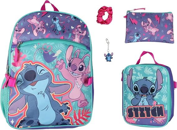 Bioworld Disney Lilo and Stitch Angel 5 Pc Set Backpack Lunch Box Key Chain Pencil Case Scrunchie 16"