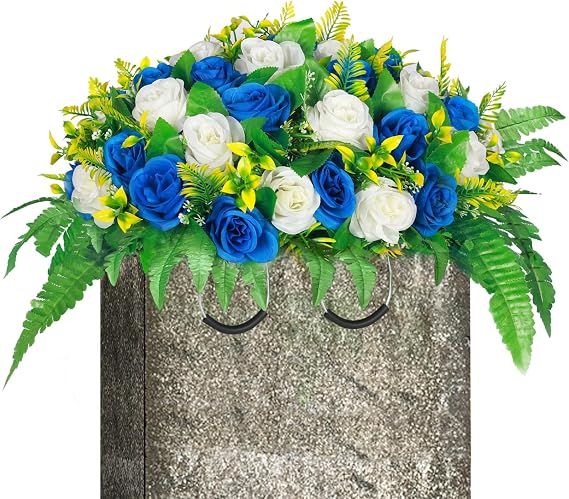 Lodou Artificial Cemetery Flowers, Silk Flower Arrangement,Artificial Rose Bouquet Grave Memorial Flowers with Headstone Saddle for Graveyard Headstones Decoration (1, Blue and White)