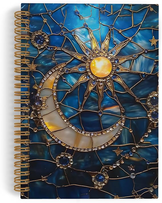 Celestial Sun Moon and Stars Spiral Notebook, Celestial Astrology Gothic Journal Notebook, Sun and Moon Notebooks for School Work, Dark Blue Starry Night Sky Celestial Astrology Gifts for Women Men, 5.5x8.3 Inch