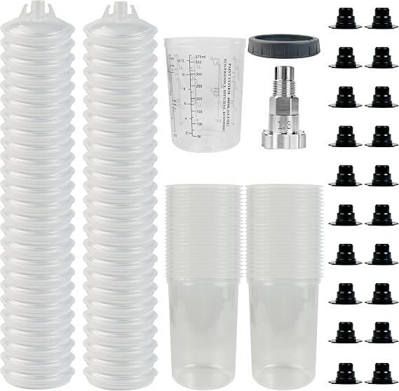 PORPHIS 使い捨てペイントカップ ポルフィス特殊スプレーガンアダプターキット付き - 400ml/13.5オンス - クリーンでない自動車用ミキシングカップ HVLP重力スプレーガン用 - 自動車ボディペイント用品50セット