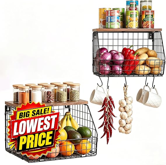 HAAYOT 2 Pack Fruit Basket Metal, Kitchen Hanging Fruit Bowl with Banana Hanger, Kitchen Countertop Rack, Wall mounted Storage Baskets for Vegetables, Fruit, Bread, 1 Large 1 Medium