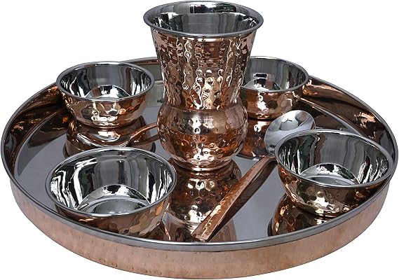 PARIJAT HANDICRAFT Dinnerware Stainless Steel Copper Traditional Dinner Set Of Thali Plate, Bowls, Glass And Spoon, Diameter 12 Inch