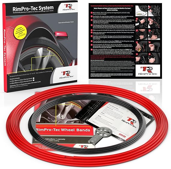 Rimpro-Tec Wheel Bands Rim Protectors for Car Wheels for Protection and Decor, Durable All-Weather Rims Protectors Easy-to-Install Rim Guard Fit from 12" to 22" Wheels Base: Red, Inner: Black.