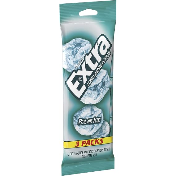 EXTRA Gum Polar Ice, Sugarfree Mint Chewing Gum Bulk Pack, 15 Count, 3 Pack | Long Lasting Strong Icy Mint Flavor for Fresh Breath, Individually Wrapped Packs for Sharing, Great for School, Work, Travel