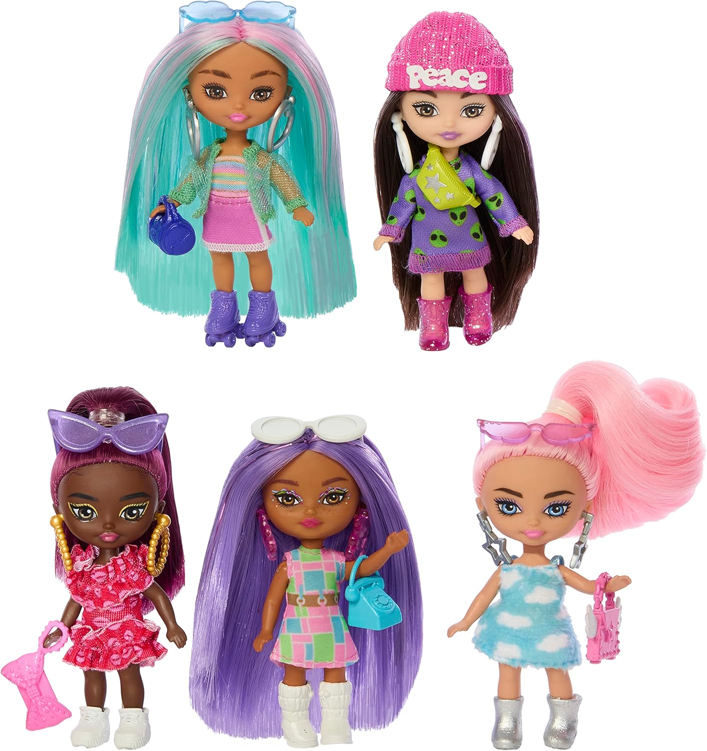 Barbie Extra Mini Dolls, 5 Pack Small Doll Set with Colorful Clothes and Accessories, Unique Look, 3