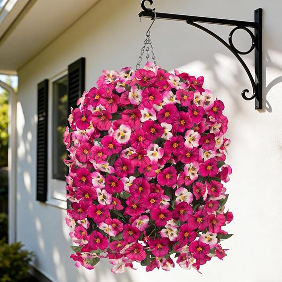 HyeFlora Artificial Flowers for Outdoors with Hanging Basket 4pcs UV Resistant Fake Pansy with Realistic Leaves Faux Hanging Plants Front Door Porch Home Outside Decoration (Mix Rose)