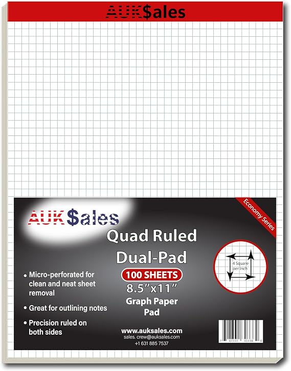 Graph Paper Legal Pads 8.5 x 11, 100 Sheets, 1 Pack Quad Ruled Dual Pad,1/4 Inch Grid Paper Pad Ideal Graph Paper Note pad 8.5 x 11 for School, College, Office, Drafting Paper, Writing, Memo Pad