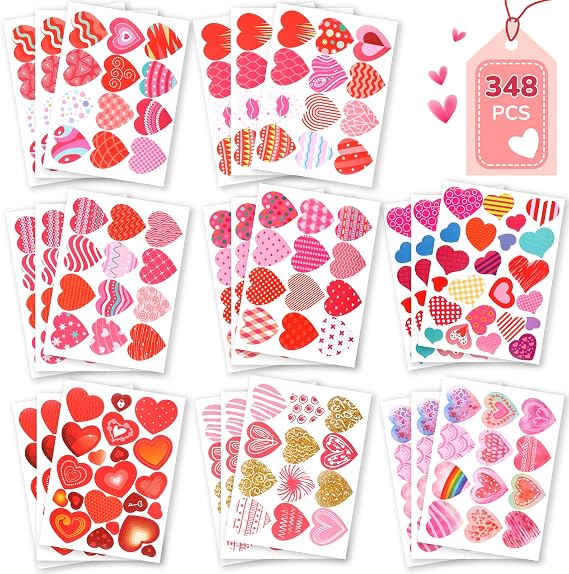 348 Pcs Valentines Stickers for Kids, Bulk Love Heart Stickers Valentines Crafts for Kids Classroom Favors Supplies, Valentine's Day Party Decorative Stickers for Gift Box Envelope Wedding