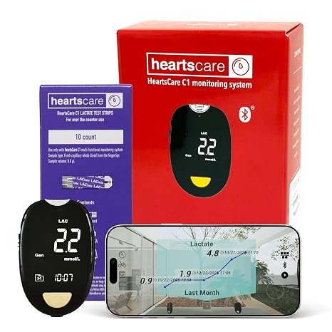 HeartsCare Lactate Testing Kit - 10 Strips and 1 Meter - 5 sec Testing Time with Free 3D Performance bluetooth App Integration