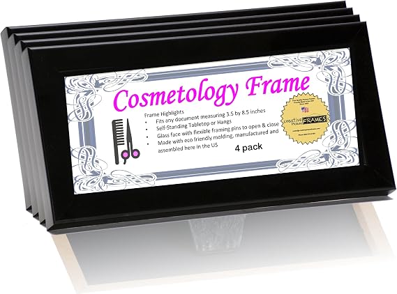 Creative Picture Frames 8.5 By 3.5 Inch Black License Frames for Cosmetology Professionals - State Board License Holder Displays, Tax License and More - Self Standing with Hanger (Pack of 4)
