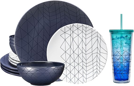 Spidy Collection: 12 PCS Dinnerware set, Service for 4, Spidy French Navy 100% Melamine Plate & Bowl Set for Casual dining Indoor and Outdoor Dining Party & 24 oz Double Wall Plastic Tumbler