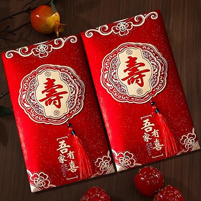 Chinese Red Envelopes for The Elders Birthday, with Decorative Tassels, 2-Pack Glittery Traditional Red Packets Birthday Gift for the Aged, Large Size 22x12cm