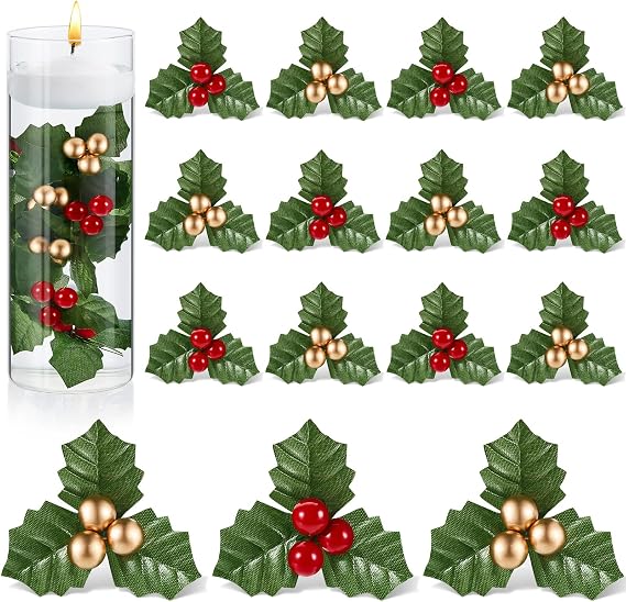 Canlierr 50 Pcs Christmas Holly Berries for Crafts Holly Leaves