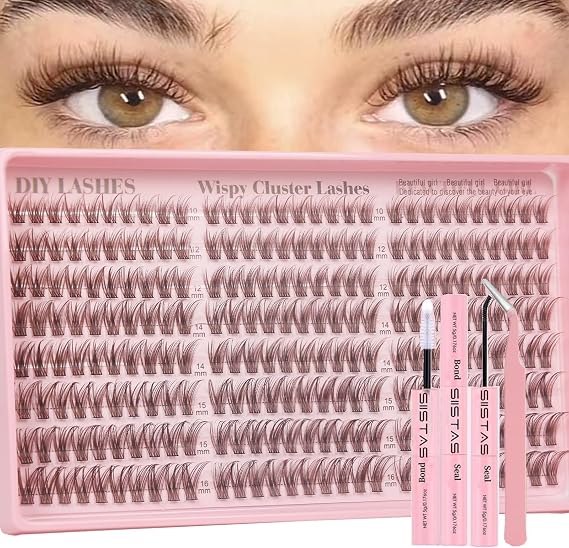 Brown Lash Clusters Kit 240Pcs Natural Eyelashes Individual D-Curl Soft Cluster Lashes 10-16mm Mixed DIY Lash Extension Kit with Lash Bond and Seal for DIY at Home(Brown Kit)