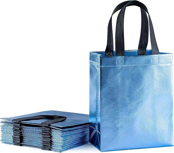 WRAPAHOLIC 12 Pack Reusable Baby Blue Gift Bag with Handles - Medium Size 8 x 4 x 10 inch - Perfect for Baby Gift Bags, Shopping Bag, Goodie Bags, Party Favor Bags